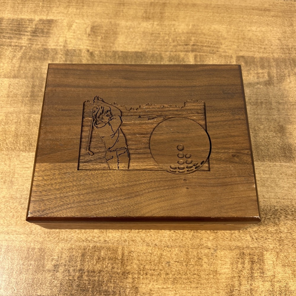 Vintage Wooden Hand Carved Golf Golfing Trinket Office Desk Box